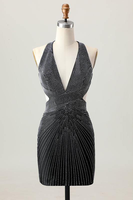Sparkly Black V-Neck Tight Short Homecoming Dress with Beading