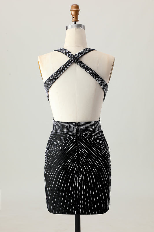 Sparkly Black V-Neck Tight Short Homecoming Dress with Beading