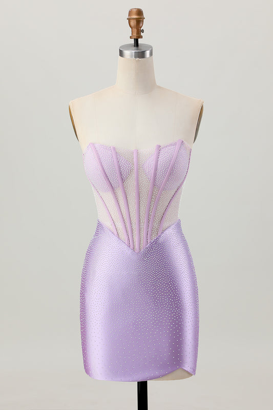 Sparkly Lilac Corset Strapless Short Homecoming Dress with Beading