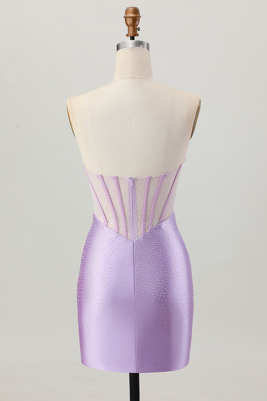 Sparkly Lilac Corset Strapless Short Homecoming Dress with Beading