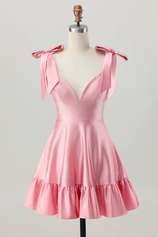 Sparkly Blush Pink A Line Satin Short Beaded Homecoming Dress with Bow