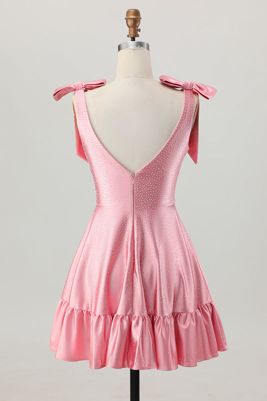 Sparkly Blush Pink A Line Satin Short Beaded Homecoming Dress with Bow