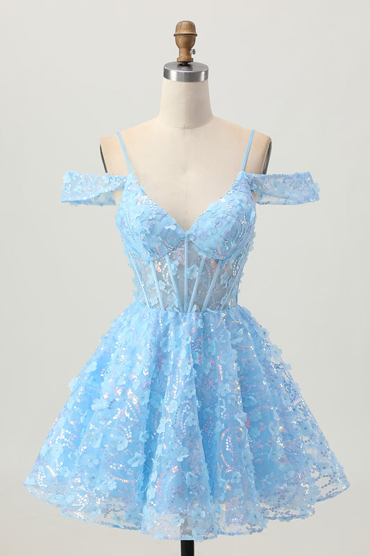 Sparkly Blue Corset Floral A Line Short Homecoming Dress with Sequins