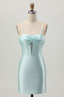 Sparkly Light Green Corset Satin Short Homecoming Dress with Beading