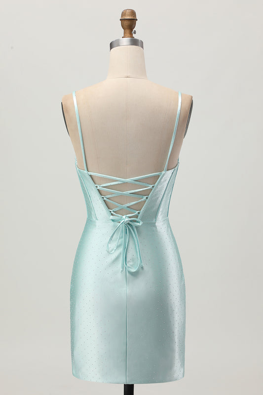 Sparkly Light Green Corset Satin Short Homecoming Dress with Beading