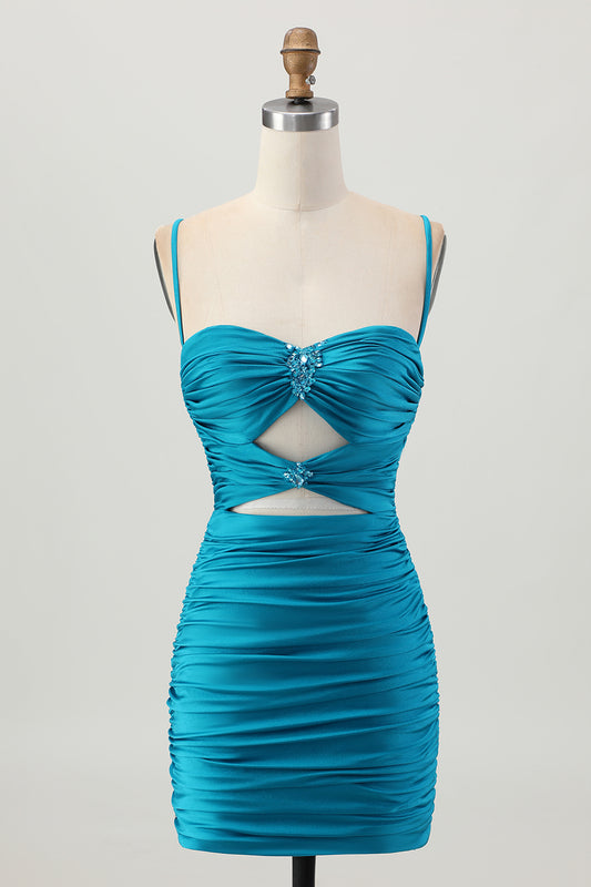 Sparkly Blue Cut Out Tight Short Homecoming Dress with Rhinestone