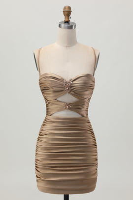 Sparkly Dark Khaki Tight Cut Out Short Homecoming Dress with Rhinestone