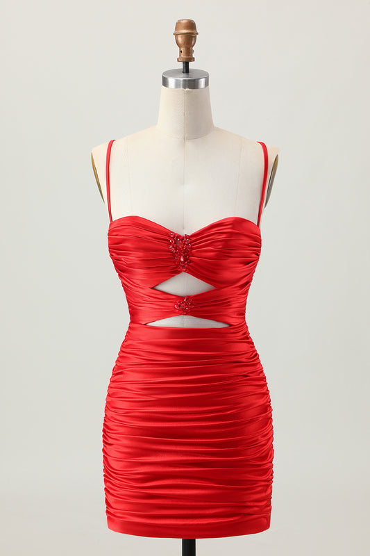 Sparkly Red Cut Out Tight Short Homecoming Dress with Rhinestone