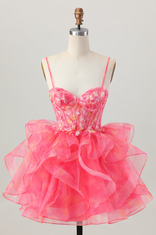 Red Organza A Line Short Corset Homecoming Dress with Appliques