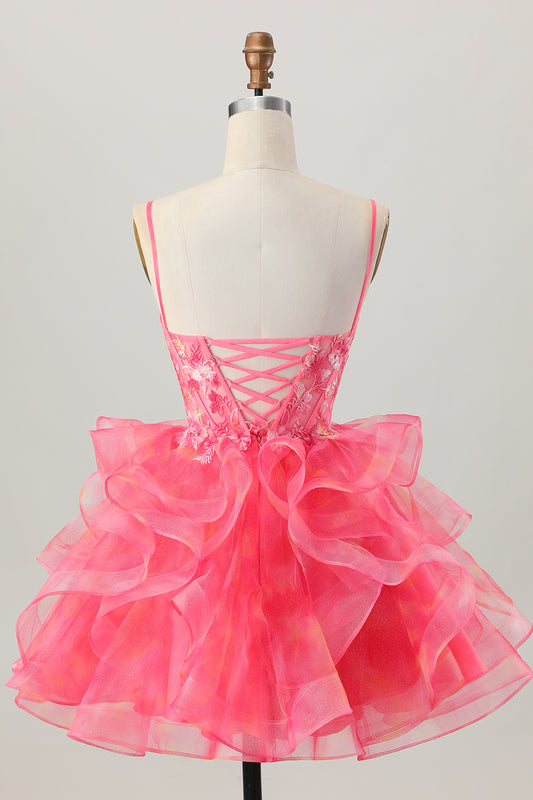 Red Organza A Line Short Corset Homecoming Dress with Appliques