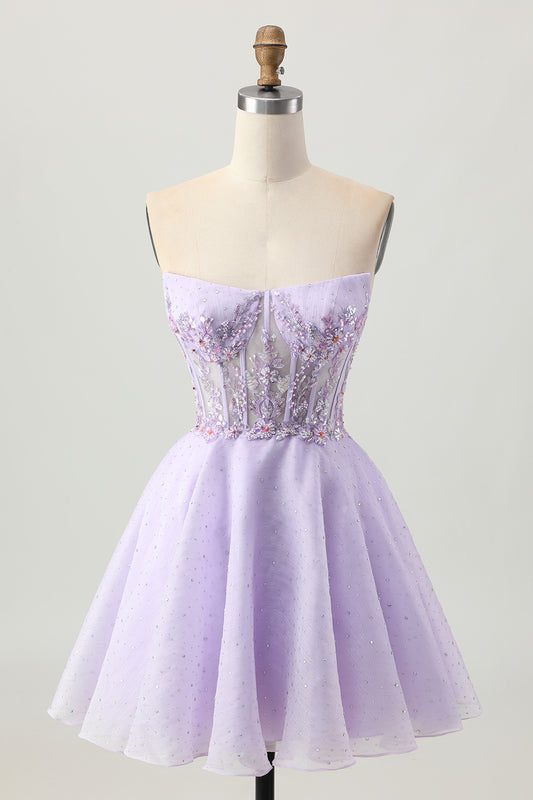 Sparkly Lilac Strapless Short Corset Homecoming Dress with Beading