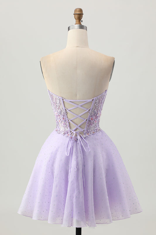 Sparkly Lilac Strapless Short Corset Homecoming Dress with Beading