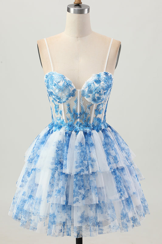 White Blue Floral Corset A Line Short Tiered Homecoming Dress