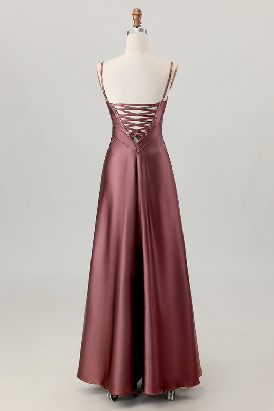 Coffee Satin A Line Corset Lace Up Back Long Bridesmaid Dress