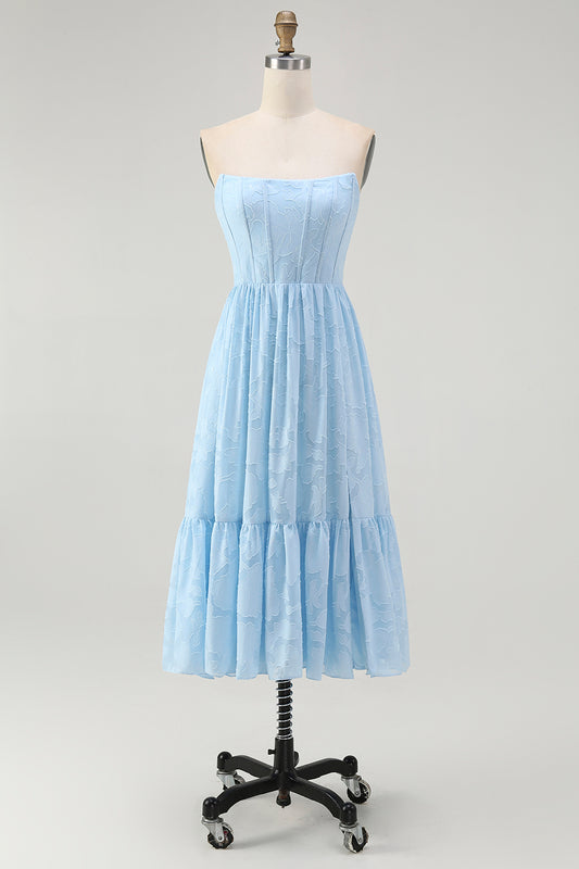 Sky Blue Corset Strapless A Line Midi Bridesmaid Dress