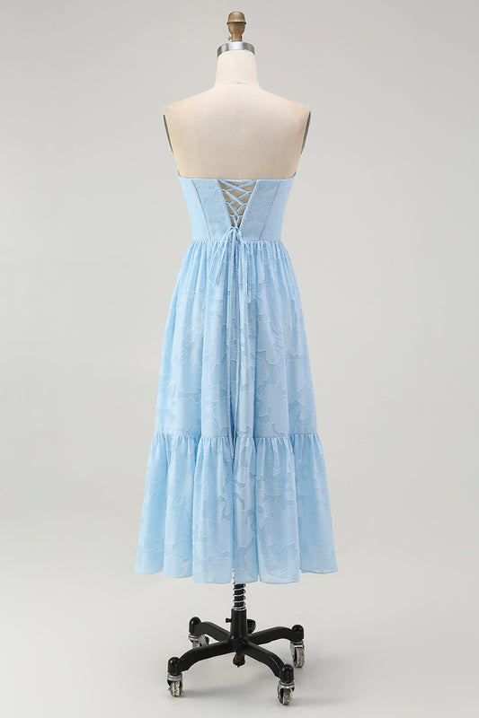 Sky Blue Corset Strapless A Line Midi Bridesmaid Dress