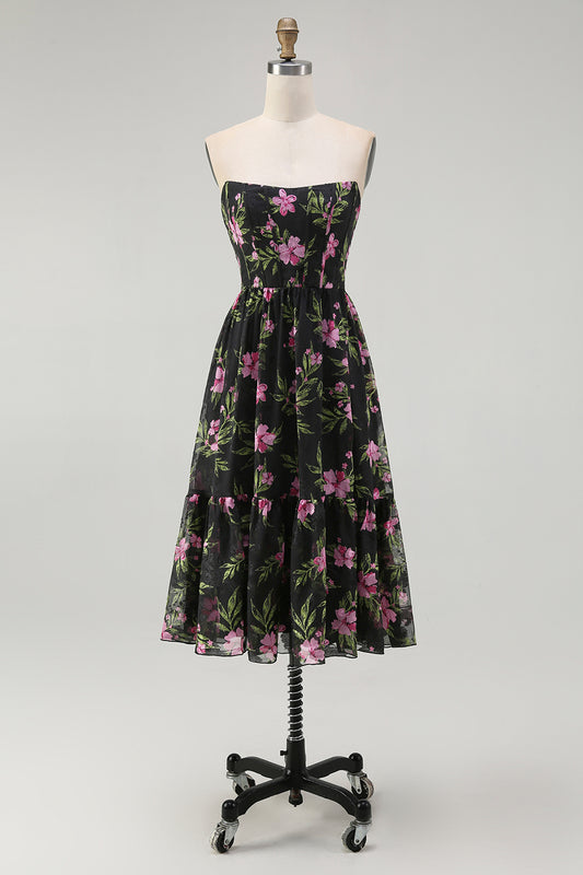 Black Pink Corset Floral Strapless Midi Bridesmaid Dress