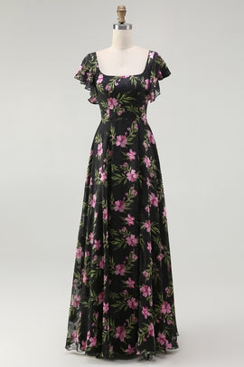 Black Pink Floral Chiffon Long Bridesmaid Dress with Sleeves