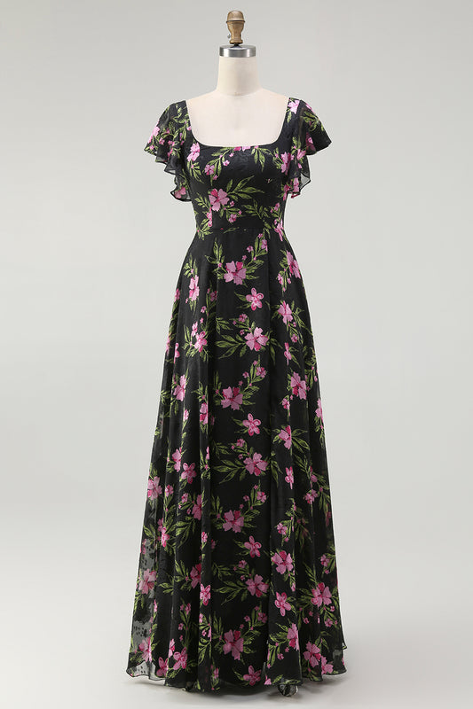 Black Pink Floral Chiffon Long Bridesmaid Dress with Sleeves