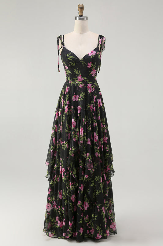 Black Pink Floral V-Neck Chiffon Long Bridesmaid Dress
