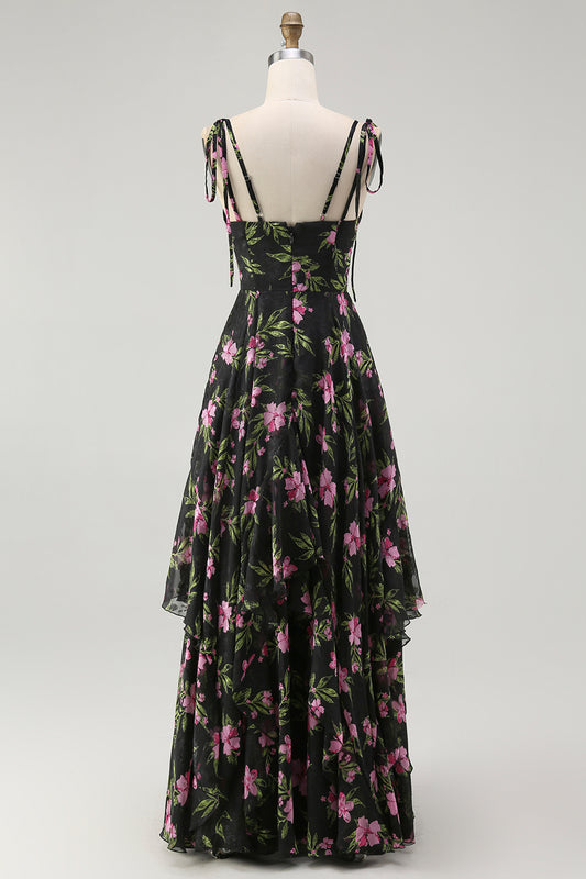 Black Pink Floral V-Neck Chiffon Long Bridesmaid Dress