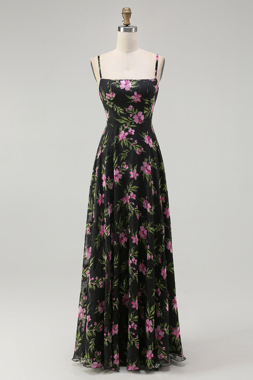 Zapakasa Women Black Pink Floral Long Chiffon Bridesmaid Dress Backless