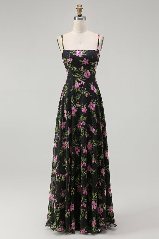 Black Pink Floral Chiffon Spaghetti Straps Long Bridesmaid Dress