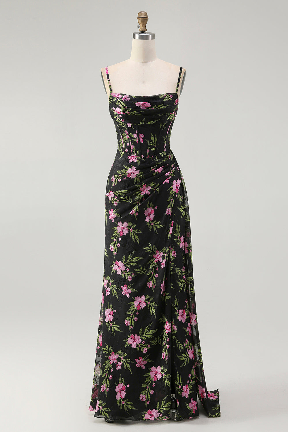 Zapaka Women Black Pink Floral Bridesmaid Dress with Side Streamer Corset Spaghetti Straps A Line Long Wedding Guest Dress, Black Pink Flower / US22W