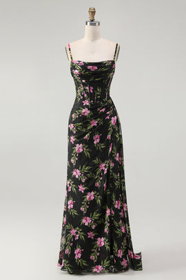 Black Pink Corset Floral Chiffon Long Bridesmaid Dress with Side Cape