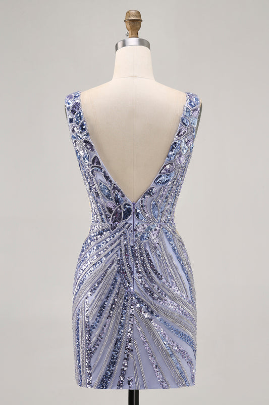 Sparkly Lilac V-Neck Tight Short Beaded Homecoming Dress