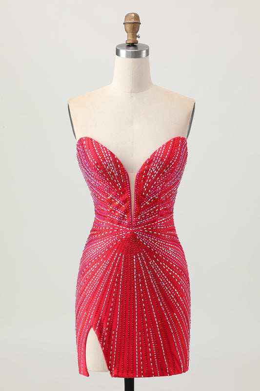 Sparkly Red Tight Beaded Short Homecoming Dress with Slit