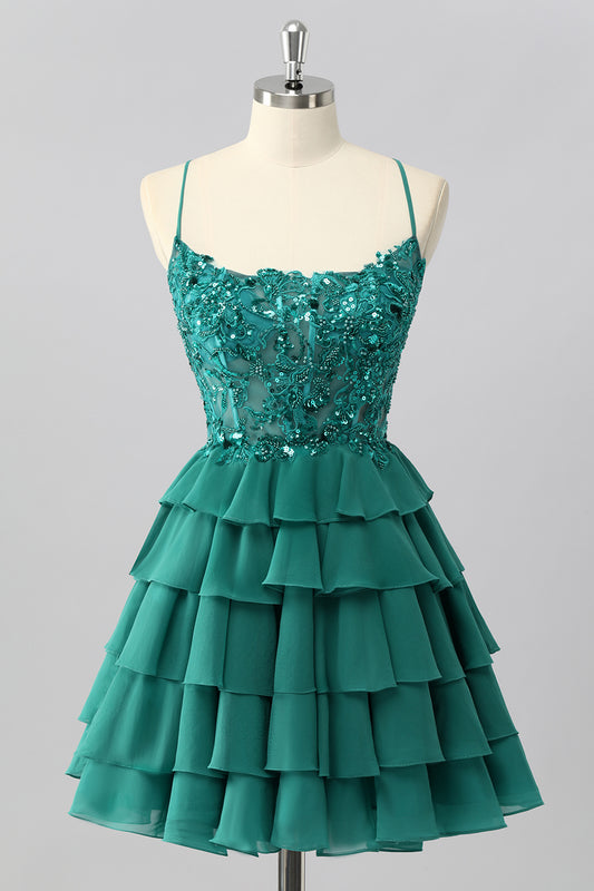 Sparkly Dark Green Corset Tiered Short Homecoming Dress with Beading