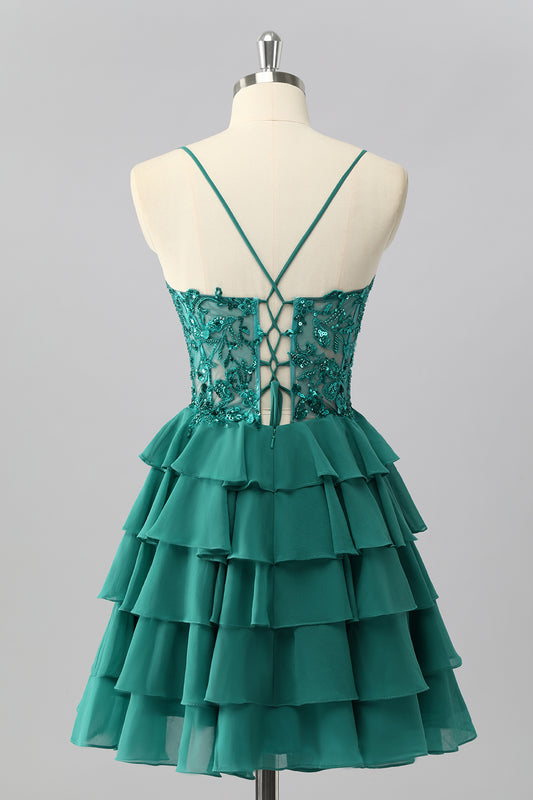 Sparkly Dark Green Corset Tiered Short Homecoming Dress with Beading