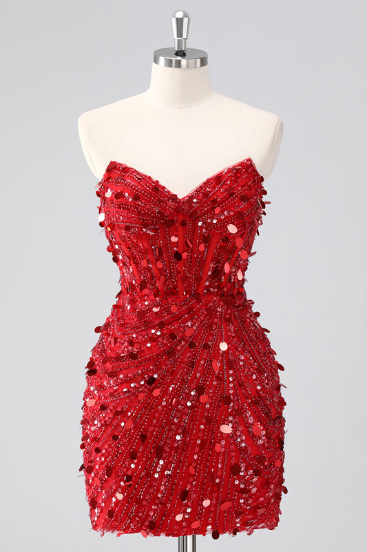 Zapakasa Women Sparkly Red Short Corset Homecoming Dress Strapless Sequins Tight Cocktail Dress