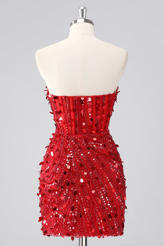 Sparkly Red Corset Sequins Strapless Short Homecoming Dress