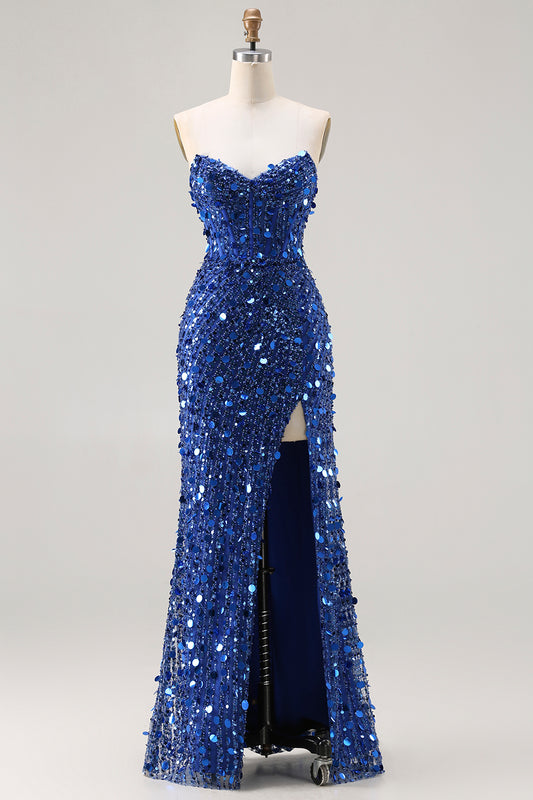 Sparkly Blue Mermaid Beaded Long Corset Prom Dress with Slit