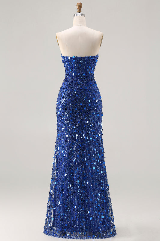 Sparkly Blue Mermaid Beaded Long Corset Prom Dress with Slit