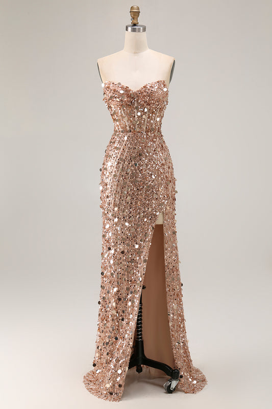 Sparkly Champagne Corset Beaded Long Prom Dress with Slit