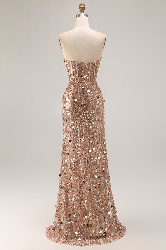 Sparkly Champagne Corset Beaded Long Prom Dress with Slit