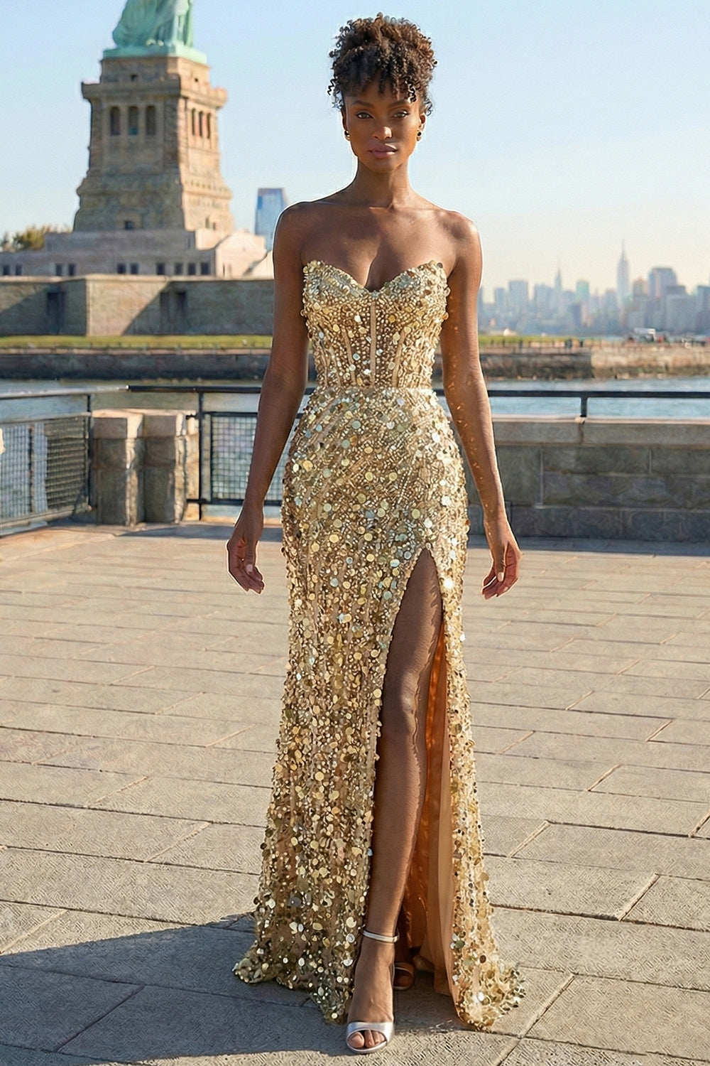 Zapakasa Women Sparkly Golden Beaded Long Corset Prom Dress with Slit Strapless Mermaid Beaded Sequin Gala Dress Zapakasa Women Sparkly Golden Beaded Long Corset Prom Dress with Slit Strapless Mermaid Beaded Sequin Gala Dress