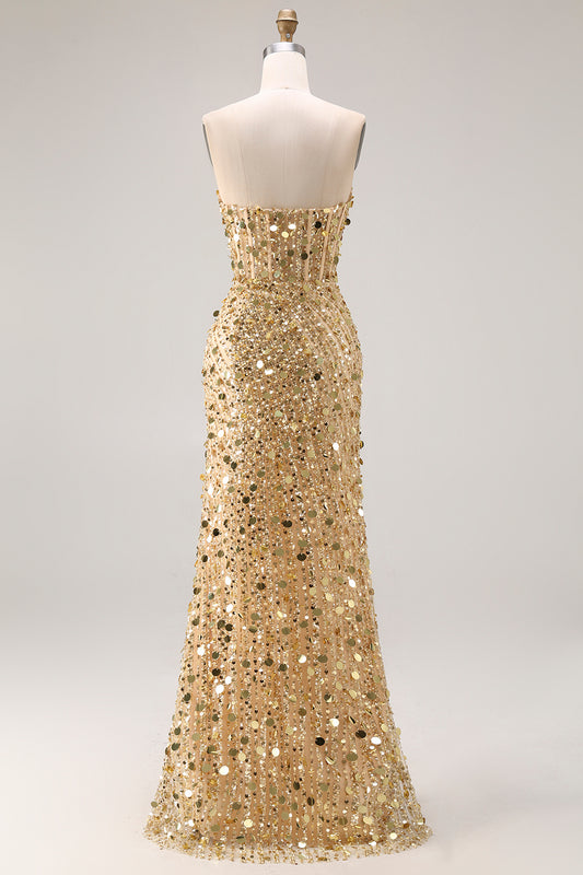 Sparkly Golden Beaded Mermaid Long Corset Prom Dress with Slit