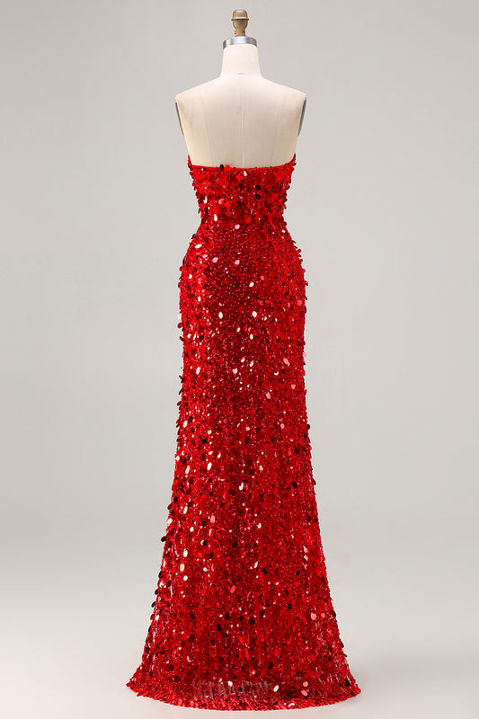Sparkly Red Beaded Mermaid Long Corset Prom Dress with Slit