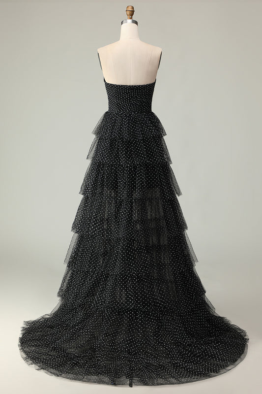 Black and White Polka Dots Ruffled Corset Long Prom Dress with Slit