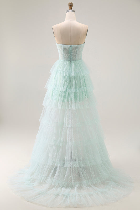 Light Green Sweetheart Tiered Long Prom Dress with Slit