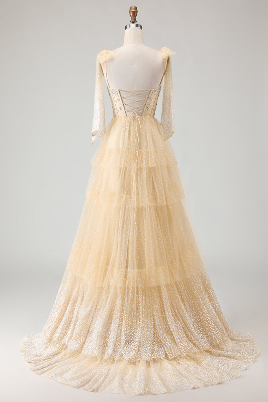 Sparkly Apricot Polka Dots Tiered Beaded Long Corset Prom Dress with Bows