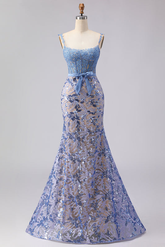 Grey Blue Mermaid Lace Long Corset Prom Dress with Bow