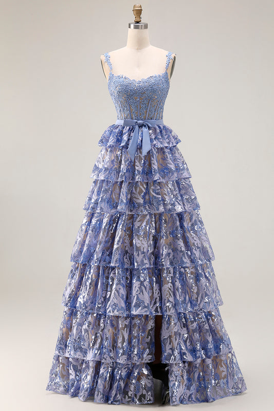Sparkly Grey Blue Tiered Lace Long Corset Prom Dress with Slit