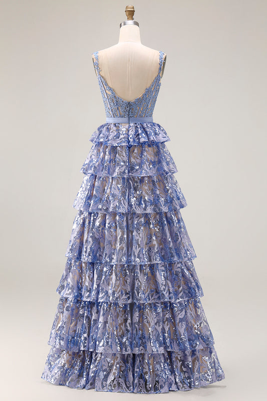 Sparkly Grey Blue Tiered Lace Long Corset Prom Dress with Slit