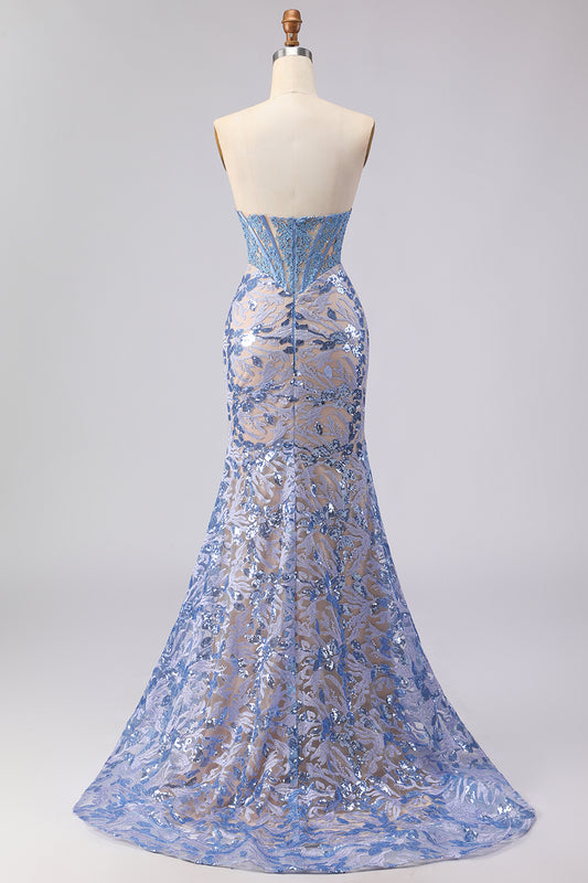 Sparkly Grey Blue Mermaid Lace Strapless Long Corset Prom Dress