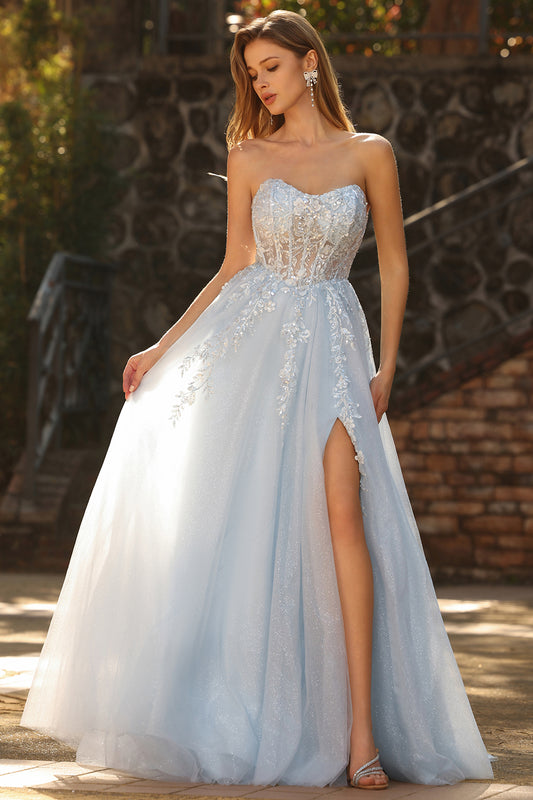 Sparkly Floral Blue A-Line Tulle Long Prom Dress with Detachable Sleeves